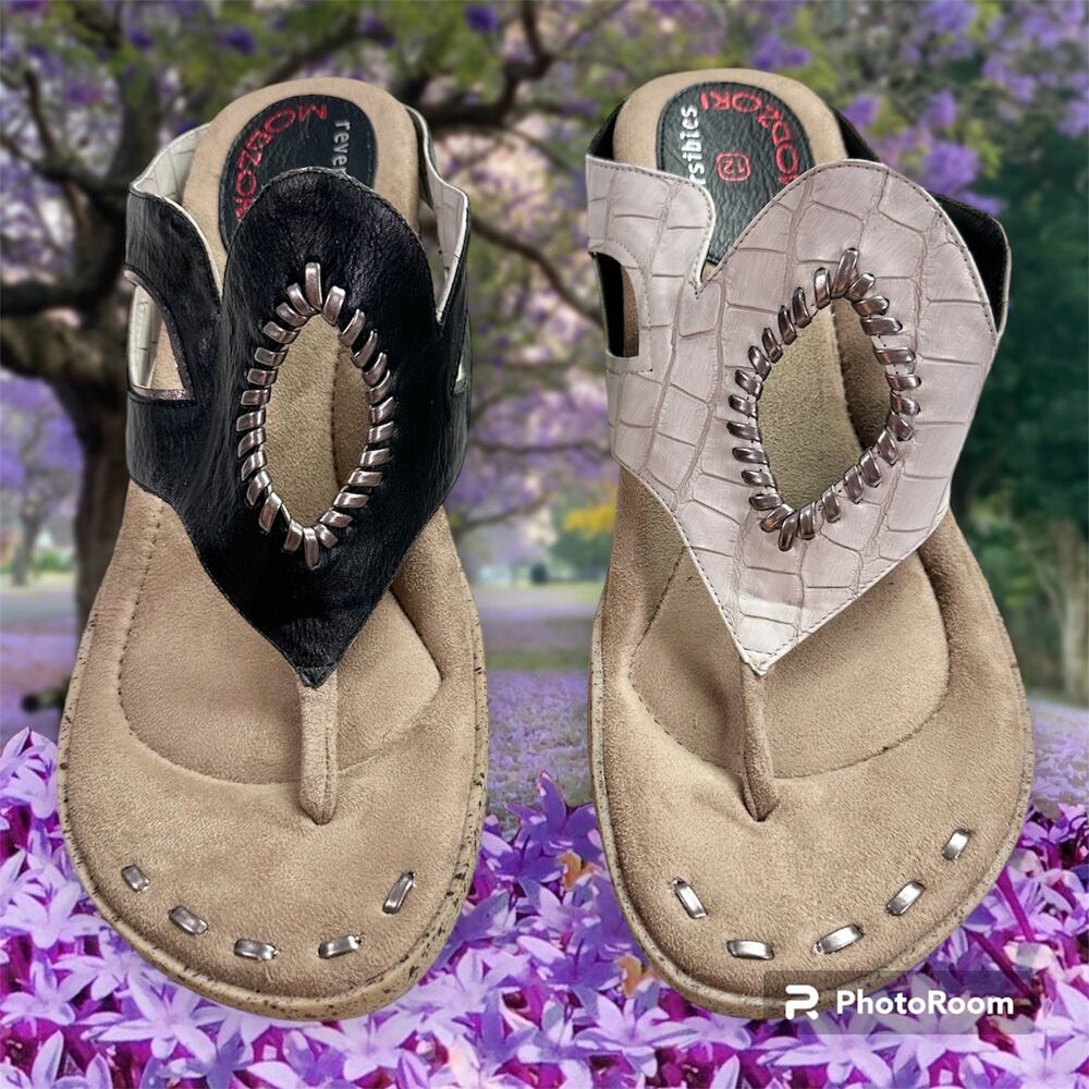 Modzori Reversibles Women's 12 Faux Leather Black White Snakeskin Wedge Sandals